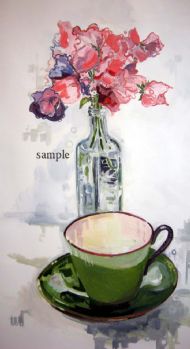 Green cup and sweet peas in oil.